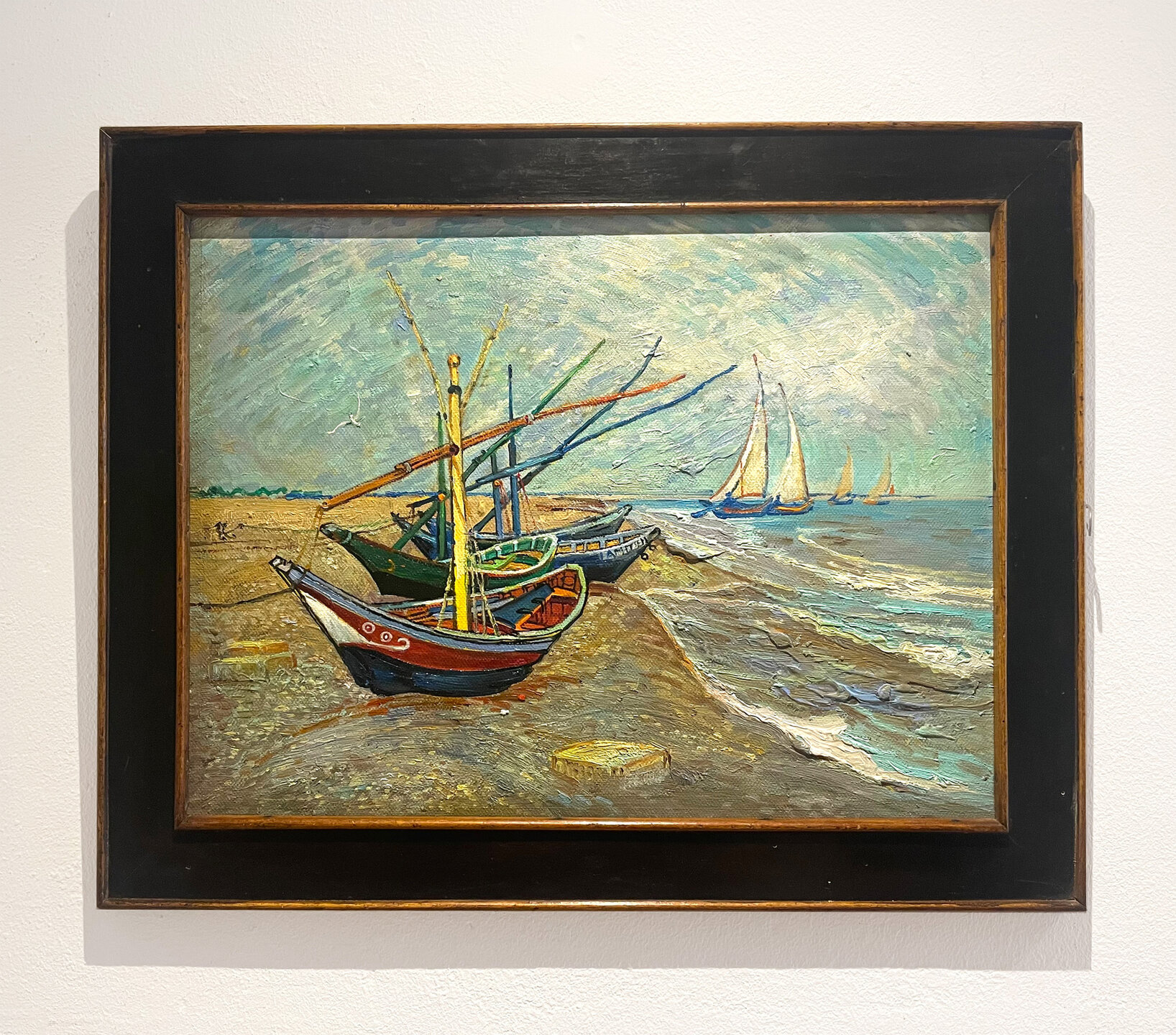Fishing Boats on the Beach framed Van Gogh reproduction