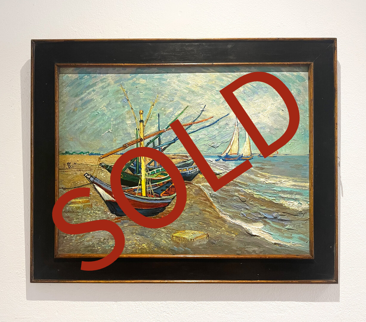 Sold Fishing Boats on the Beach framed Van Gogh reproduction