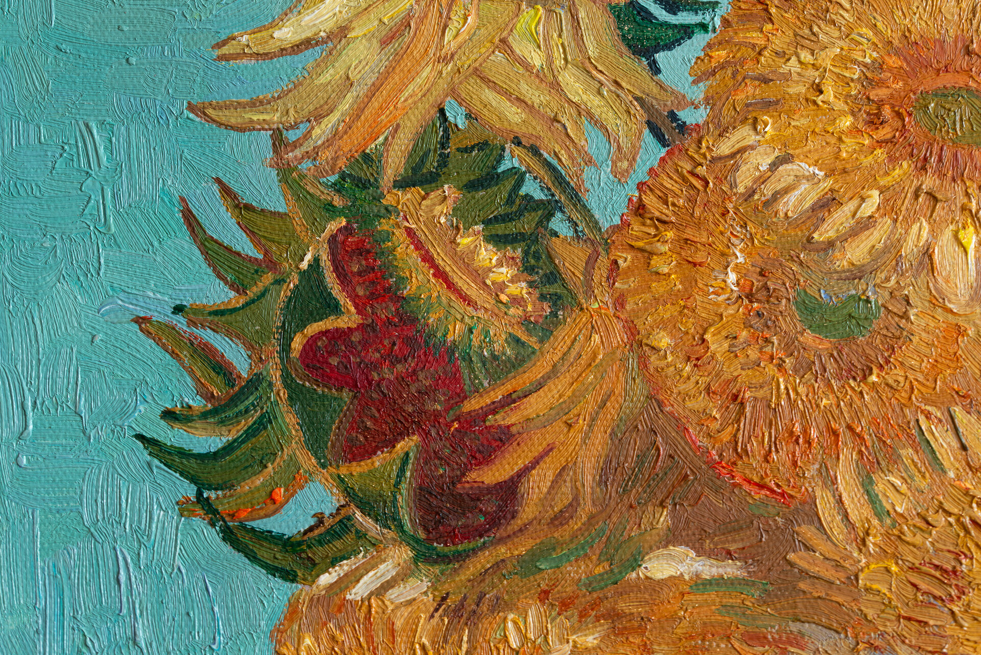 Vase With Twelve Sunflowers Van Gogh framed reproduction detail