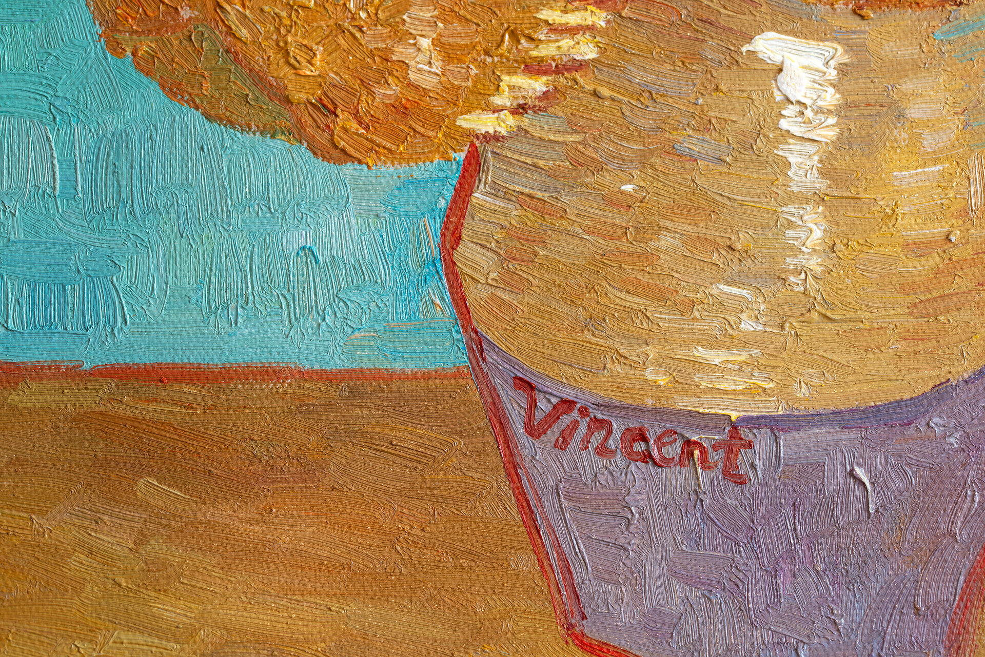 Vase With Twelve Sunflowers Van Gogh framed replica detail