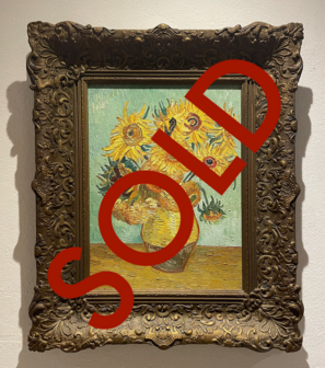 Vaas met twaalf Zonnebloemen ingelijste Van Gogh reproductie, geschilderd in olieverf op doek