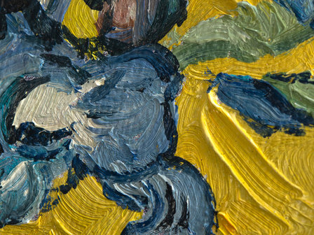Vaas met Irissen geel mini schilderij, geschilderd in olieverf op doek