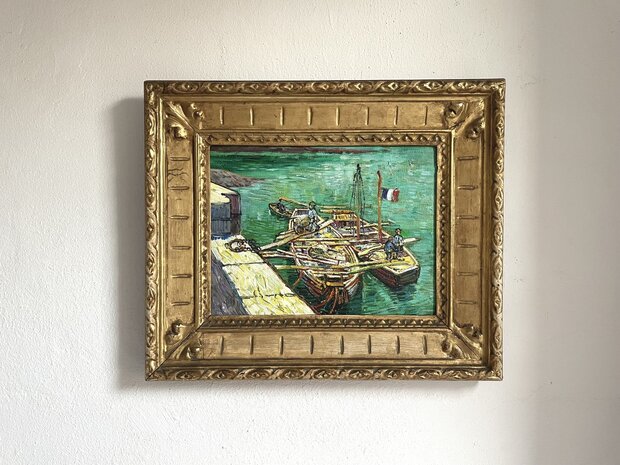 Quay with Men Unloading Sand Barges framed Van Gogh reproduction