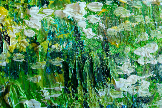 Boomstammen in het Gras ingelijste Van Gogh reproductie, geschilderd in olieverf op doek