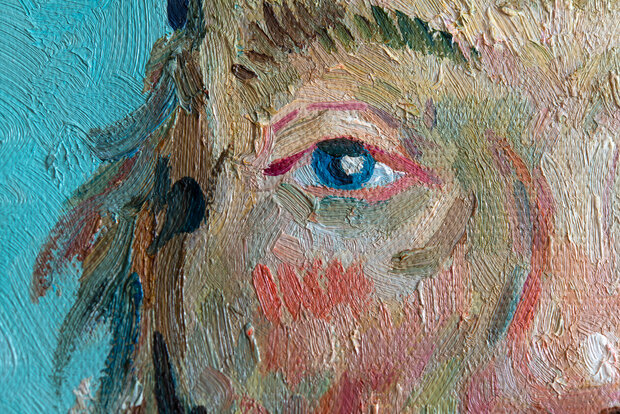 Portrait of Postman Joseph Roulin framed Van Gogh replica detail
