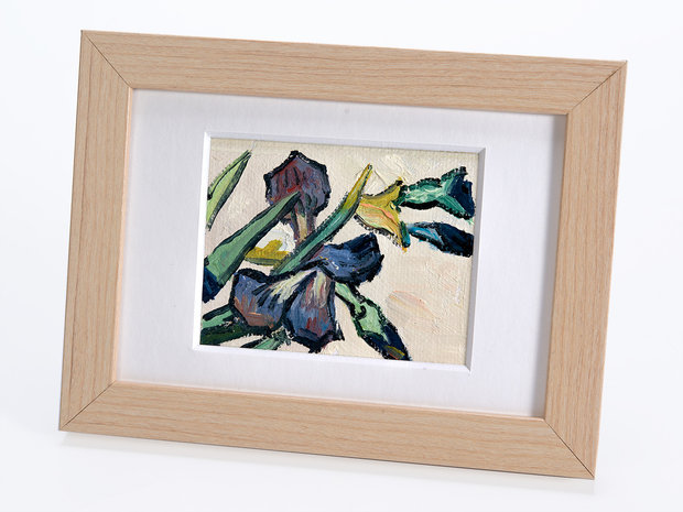 Vaas met Irissen mini schilderij, geschilderd in olieverf op doek