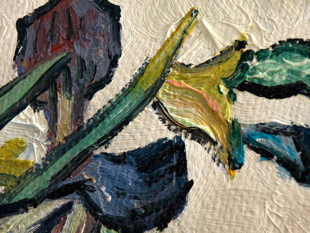 Vaas met Irissen mini schilderij, geschilderd in olieverf op doek