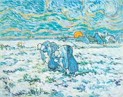 Twee Boerinnen Gravend in Veld met Sneeuw Van Gogh reproductie in oil on canvas