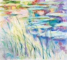 Waterlelies, reflecties op het water, Monet reproductie, geschilderd in olieverf op doek