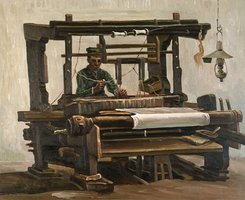 Weefgetouw met Wever Van Gogh reproductie, geschilderd in olieverf op doek 