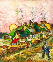 Cottages in de Zon Van Gogh reproductie, geschilderd in olieverf op doek