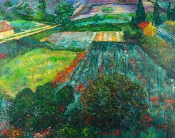 Veld met Klaprozen Van Gogh reproductie, geschilderd in olieverf op doek