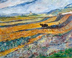 Afgesloten Veld met Ploeger Van Gogh reproductie, geschilderd in olieverf op doek