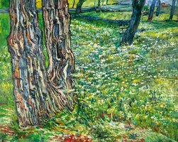 Boomstammen in het Gras Van Gogh reproductie, geschilderd in olieverf op doek