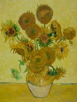 Vaas met vijftien Zonnebloemen Van Gogh reproductie, geschilderd in olieverf op doek