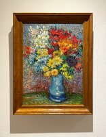 Bloemen in een blauwe Vaas ingelijste Van Gogh reproductie, geschilderd in olieverf op doek