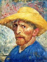 Zelfportret met Strohoed Van Gogh reproductie, geschilderd in olieverf op doek