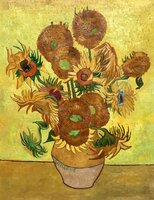 Vaas met vijftien Zonnebloemen Van Gogh reproductie, geschilderd in olieverf op doek