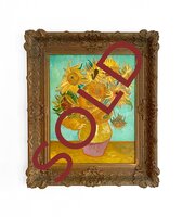 Vaas met twaalf Zonnebloemen Van Gogh reproductie ingelijst, geschilderd in olieverf op doek