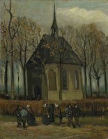 Het Uitgaan van de Hervormde Kerk in Nuenen reproductie, 1884 en 1885