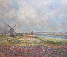 Tulpenvelden bij Den Haag Monet reproductie, geschilderd in olieverf op doek